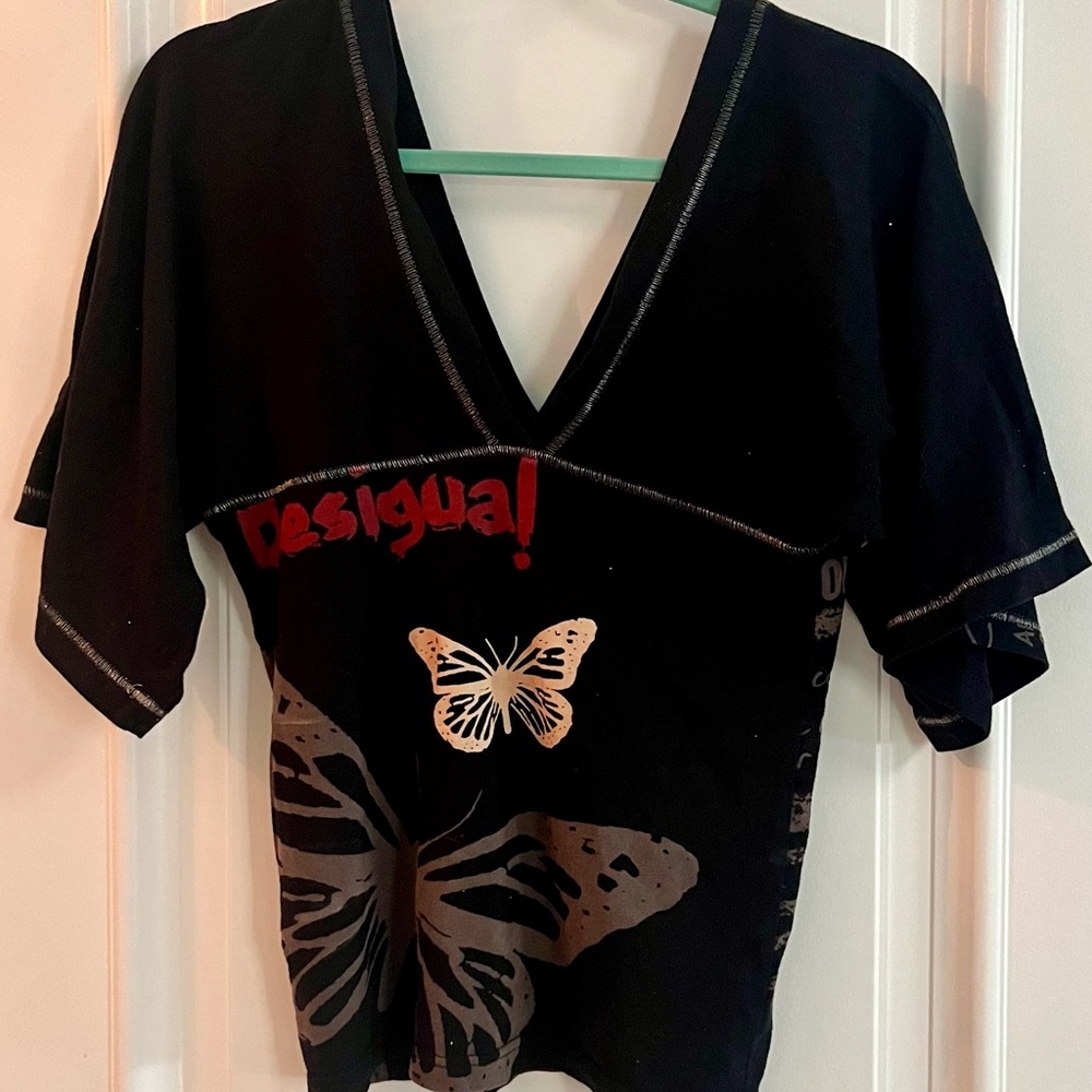 Desigual Black Tee with Red Logo and Beige Butterfly